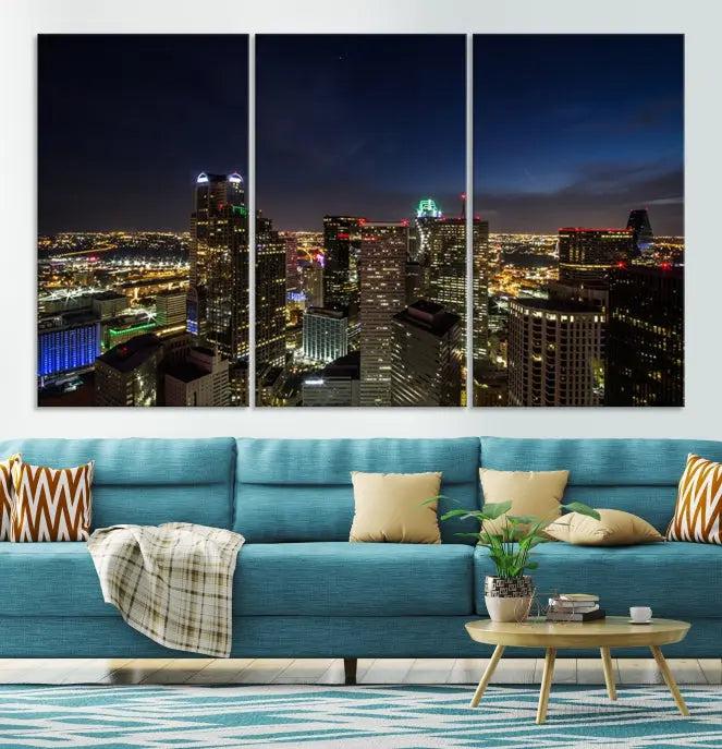 Modern living room featuring the Dallas City Lights Night Cloudy Skyline Cityscape View Wall Art Canvas Print, showcasing a vibrant nighttime skyline.