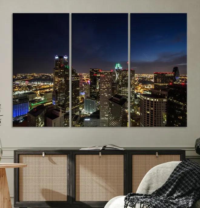 Modern living room featuring the Dallas City Lights Night Cloudy Skyline Cityscape View Wall Art Canvas Print, showcasing a vibrant nighttime skyline.