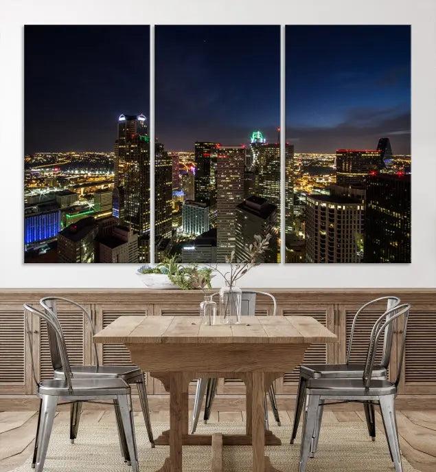 Modern living room featuring the Dallas City Lights Night Cloudy Skyline Cityscape View Wall Art Canvas Print, showcasing a vibrant nighttime skyline.