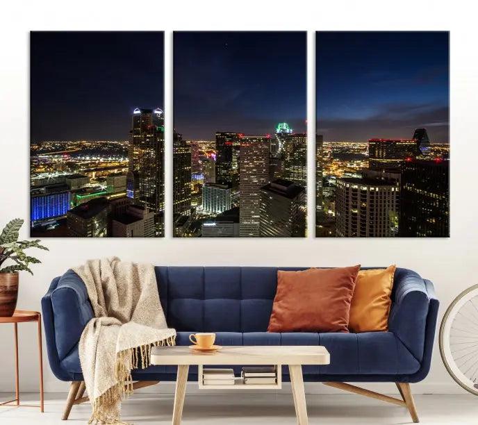 Modern living room featuring the Dallas City Lights Night Cloudy Skyline Cityscape View Wall Art Canvas Print, showcasing a vibrant nighttime skyline.