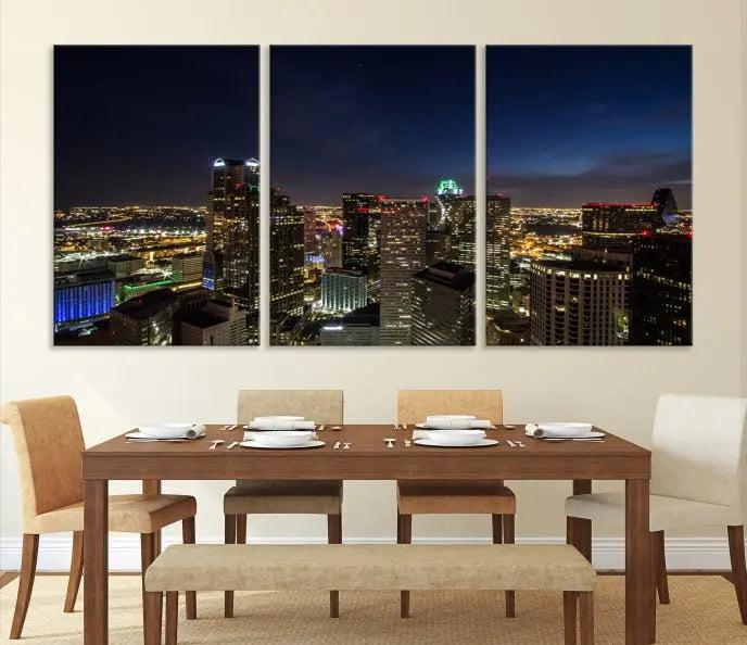 Modern living room featuring the Dallas City Lights Night Cloudy Skyline Cityscape View Wall Art Canvas Print, showcasing a vibrant nighttime skyline.