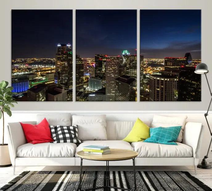 Modern living room featuring the Dallas City Lights Night Cloudy Skyline Cityscape View Wall Art Canvas Print, showcasing a vibrant nighttime skyline.