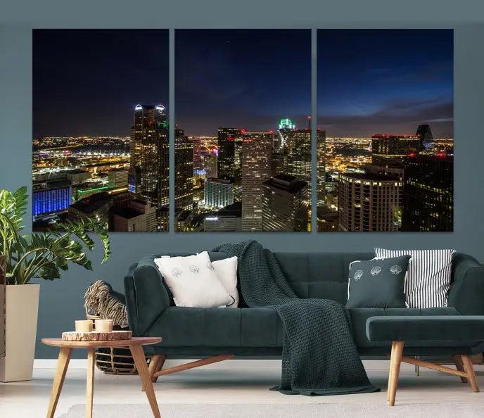 Modern living room featuring the Dallas City Lights Night Cloudy Skyline Cityscape View Wall Art Canvas Print, showcasing a vibrant nighttime skyline.