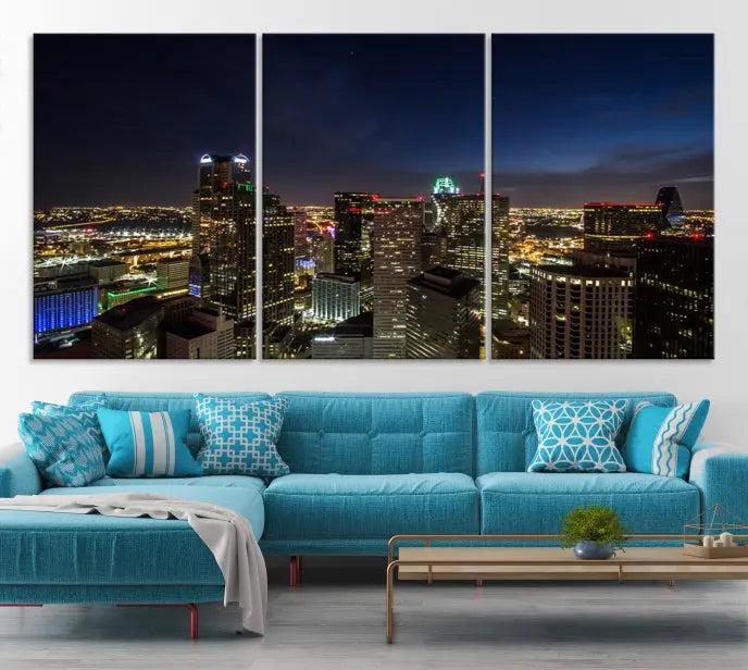 Modern living room featuring the Dallas City Lights Night Cloudy Skyline Cityscape View Wall Art Canvas Print, showcasing a vibrant nighttime skyline.