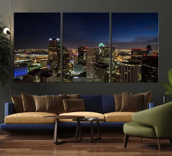 Modern living room featuring the Dallas City Lights Night Cloudy Skyline Cityscape View Wall Art Canvas Print, showcasing a vibrant nighttime skyline.