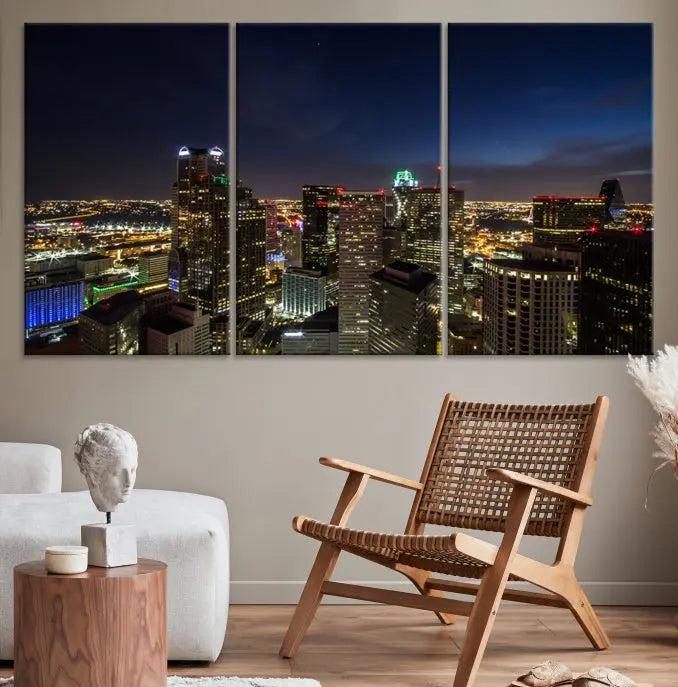 Modern living room featuring the Dallas City Lights Night Cloudy Skyline Cityscape View Wall Art Canvas Print, showcasing a vibrant nighttime skyline.