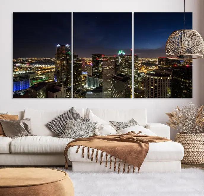 Modern living room featuring the Dallas City Lights Night Cloudy Skyline Cityscape View Wall Art Canvas Print, showcasing a vibrant nighttime skyline.