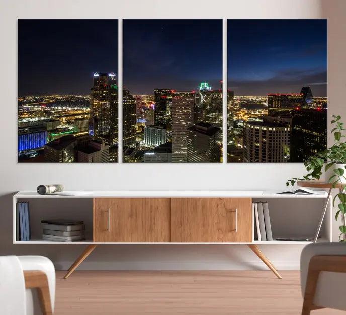 Modern living room featuring the Dallas City Lights Night Cloudy Skyline Cityscape View Wall Art Canvas Print, showcasing a vibrant nighttime skyline.