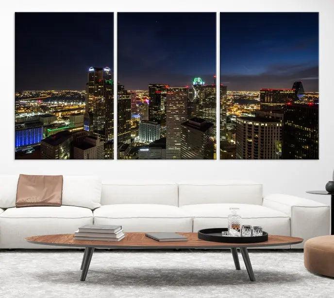 Modern living room featuring the Dallas City Lights Night Cloudy Skyline Cityscape View Wall Art Canvas Print, showcasing a vibrant nighttime skyline.