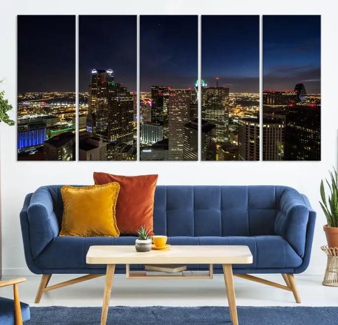 Modern living room featuring the Dallas City Lights Night Cloudy Skyline Cityscape View Wall Art Canvas Print, showcasing a vibrant nighttime skyline.