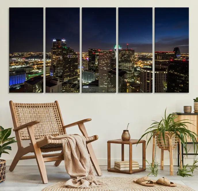 Modern living room featuring the Dallas City Lights Night Cloudy Skyline Cityscape View Wall Art Canvas Print, showcasing a vibrant nighttime skyline.