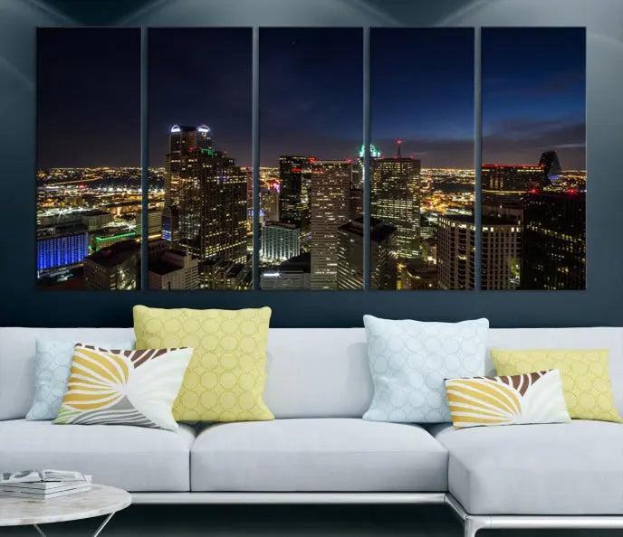 Modern living room featuring the Dallas City Lights Night Cloudy Skyline Cityscape View Wall Art Canvas Print, showcasing a vibrant nighttime skyline.