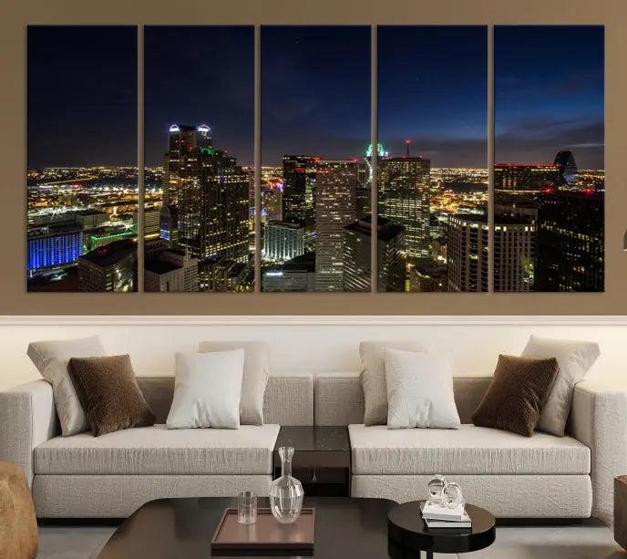 Modern living room featuring the Dallas City Lights Night Cloudy Skyline Cityscape View Wall Art Canvas Print, showcasing a vibrant nighttime skyline.