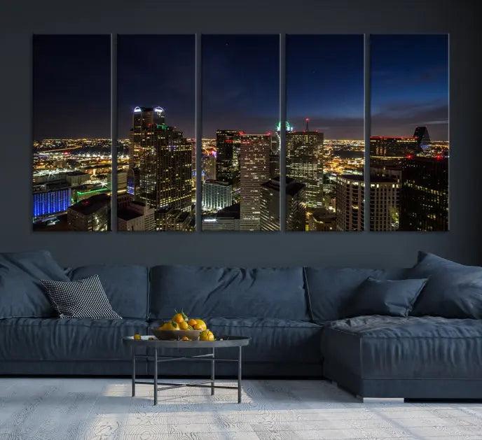 Modern living room featuring the Dallas City Lights Night Cloudy Skyline Cityscape View Wall Art Canvas Print, showcasing a vibrant nighttime skyline.