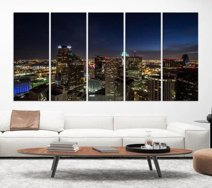 Modern living room featuring the Dallas City Lights Night Cloudy Skyline Cityscape View Wall Art Canvas Print, showcasing a vibrant nighttime skyline.