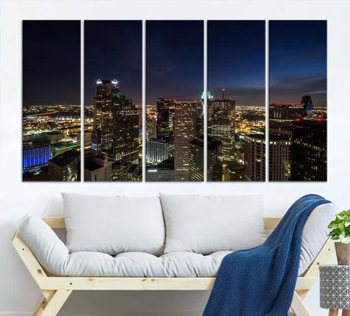 Modern living room featuring the Dallas City Lights Night Cloudy Skyline Cityscape View Wall Art Canvas Print, showcasing a vibrant nighttime skyline.