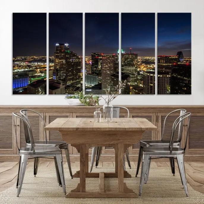 Modern living room featuring the Dallas City Lights Night Cloudy Skyline Cityscape View Wall Art Canvas Print, showcasing a vibrant nighttime skyline.