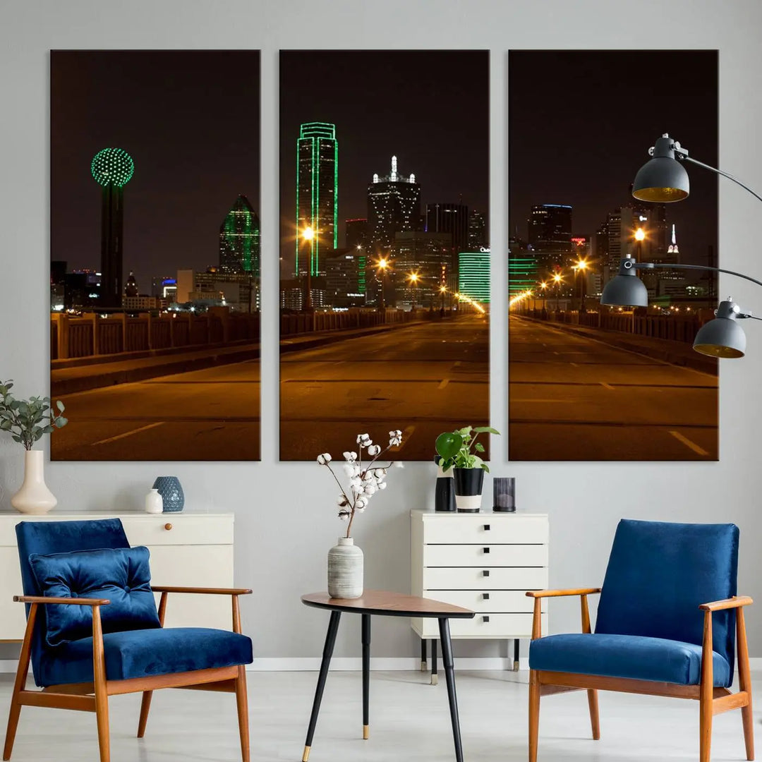 The "Dallas City Lights Night Skyline Cityscape View Wall Art Canvas Print" features a stunning city skyline glowing against museum-quality canvas.