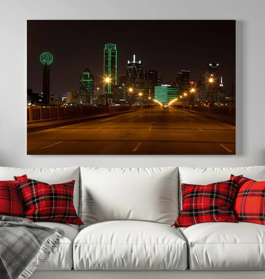 The "Dallas City Lights Night Skyline Cityscape View Wall Art Canvas Print" features a stunning city skyline glowing against museum-quality canvas.