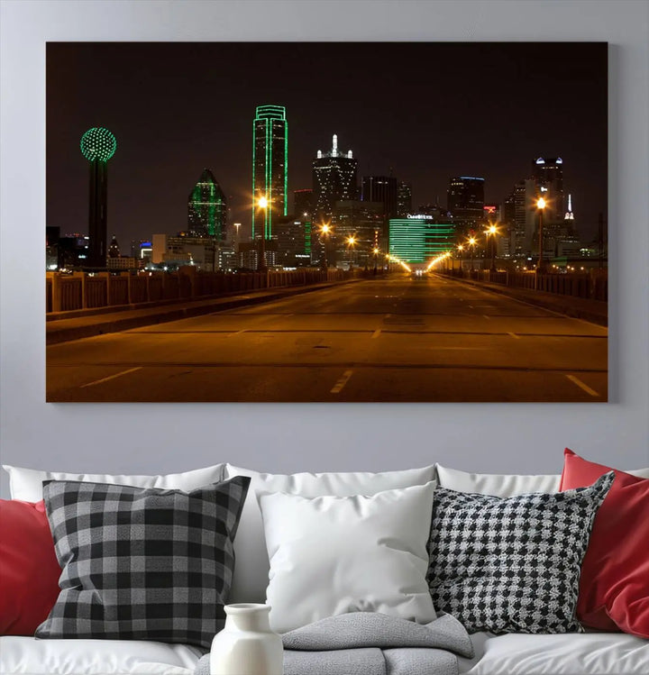 The "Dallas City Lights Night Skyline Cityscape View Wall Art Canvas Print" features a stunning city skyline glowing against museum-quality canvas.