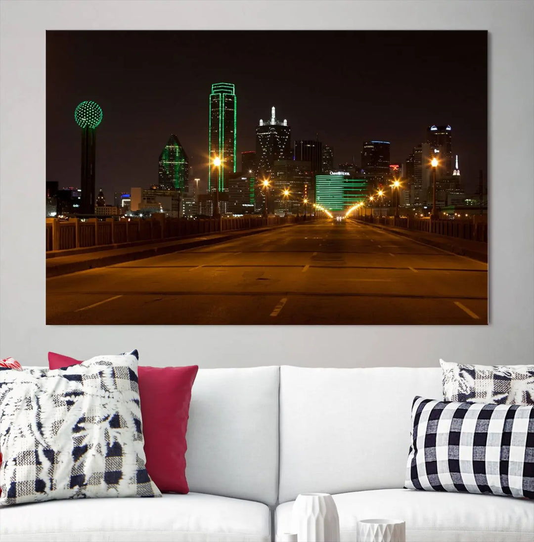 The "Dallas City Lights Night Skyline Cityscape View Wall Art Canvas Print" features a stunning city skyline glowing against museum-quality canvas.