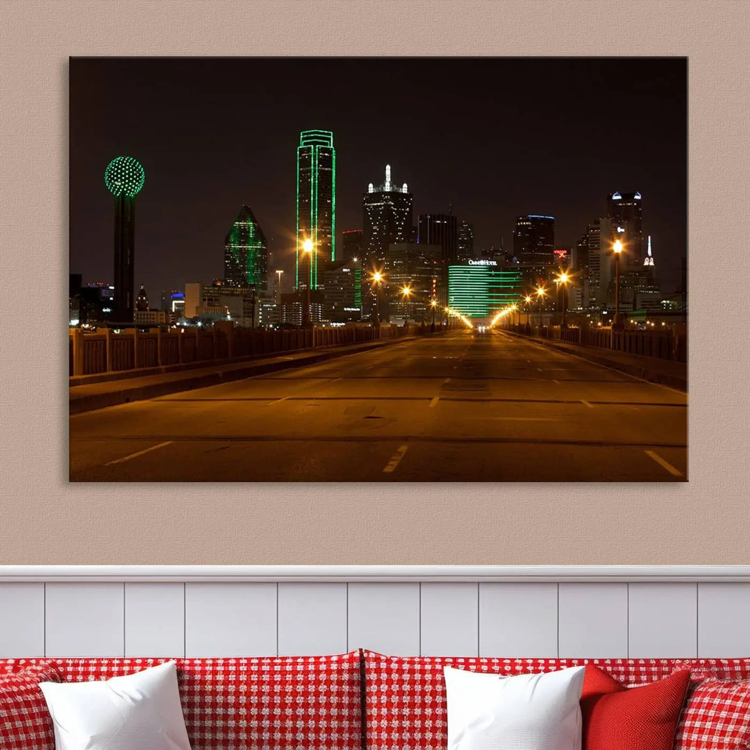 The "Dallas City Lights Night Skyline Cityscape View Wall Art Canvas Print" features a stunning city skyline glowing against museum-quality canvas.