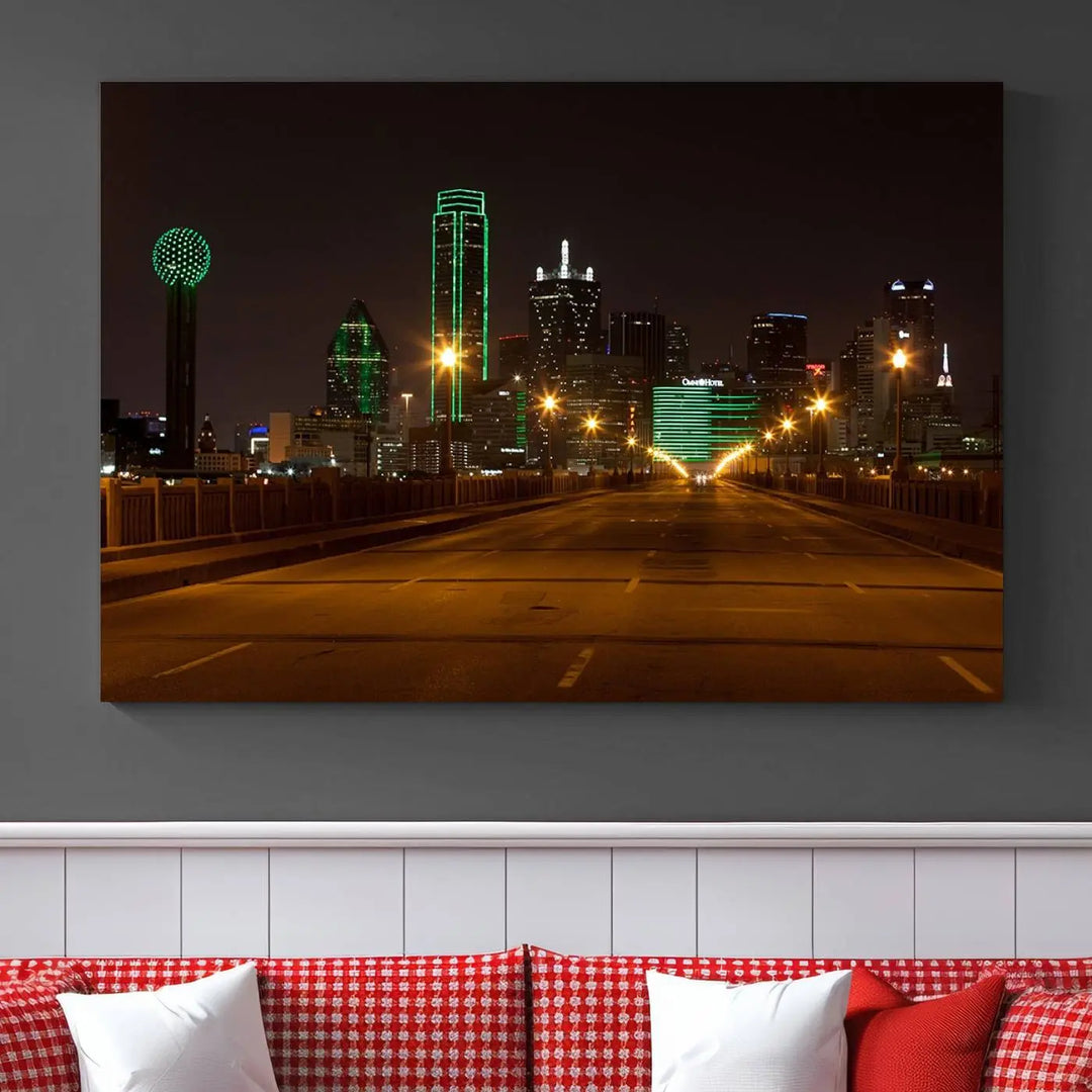 The "Dallas City Lights Night Skyline Cityscape View Wall Art Canvas Print" features a stunning city skyline glowing against museum-quality canvas.