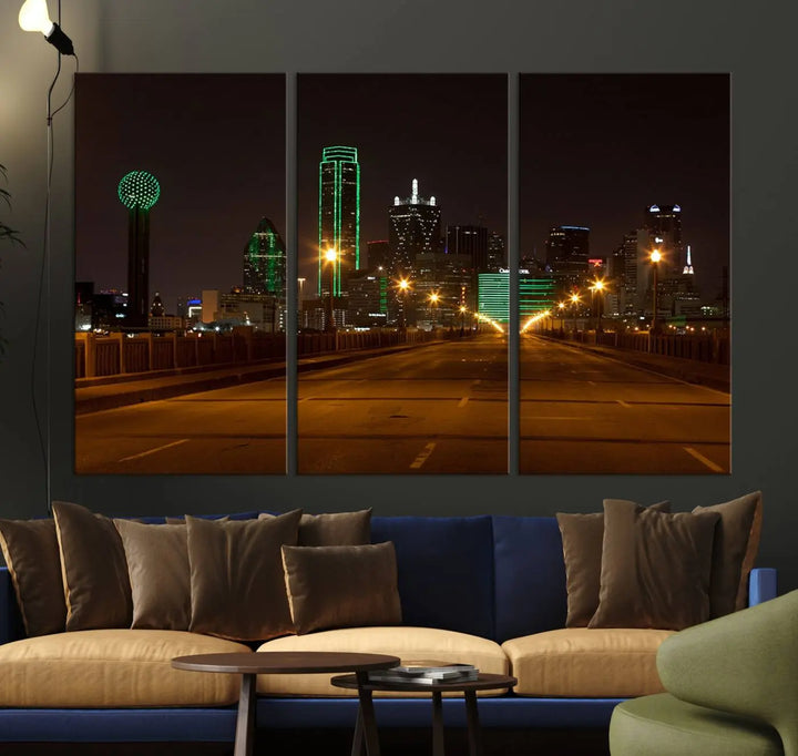 The "Dallas City Lights Night Skyline Cityscape View Wall Art Canvas Print" features a stunning city skyline glowing against museum-quality canvas.