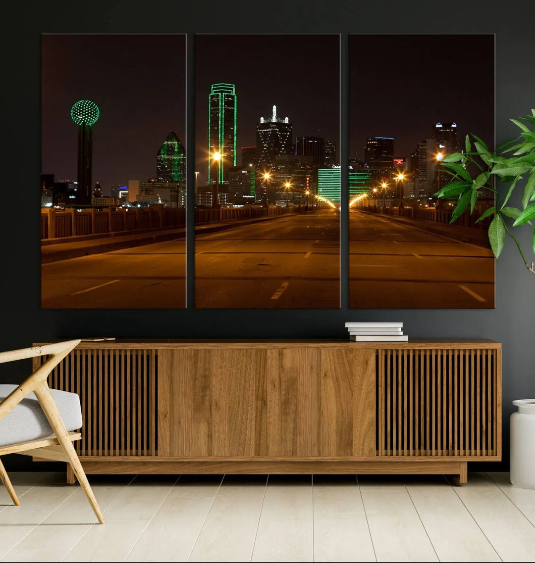 The "Dallas City Lights Night Skyline Cityscape View Wall Art Canvas Print" features a stunning city skyline glowing against museum-quality canvas.