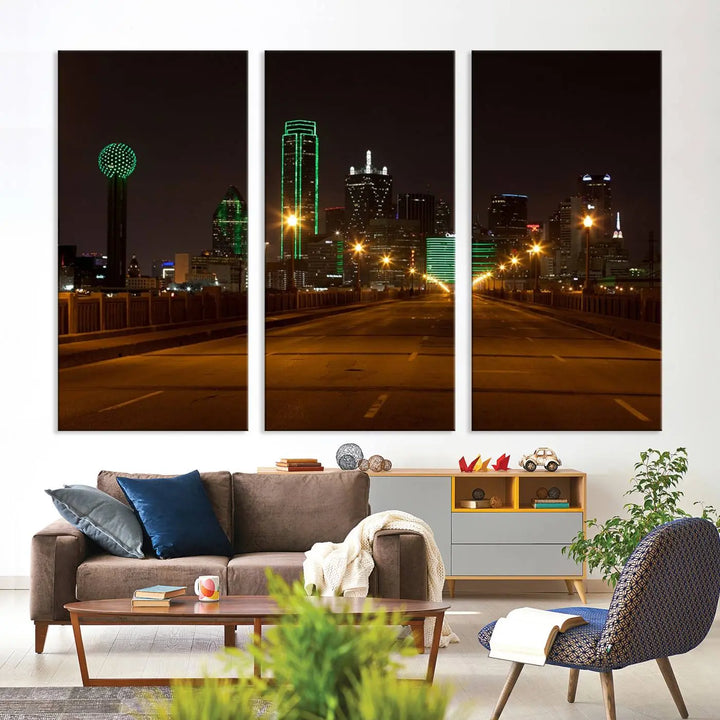 The "Dallas City Lights Night Skyline Cityscape View Wall Art Canvas Print" features a stunning city skyline glowing against museum-quality canvas.