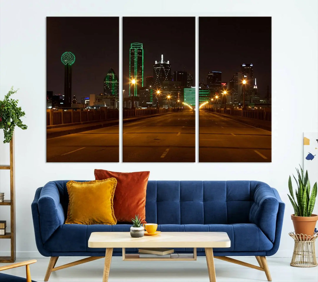 The "Dallas City Lights Night Skyline Cityscape View Wall Art Canvas Print" features a stunning city skyline glowing against museum-quality canvas.