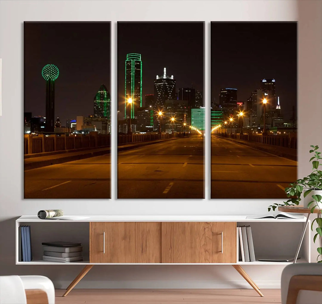 The "Dallas City Lights Night Skyline Cityscape View Wall Art Canvas Print" features a stunning city skyline glowing against museum-quality canvas.