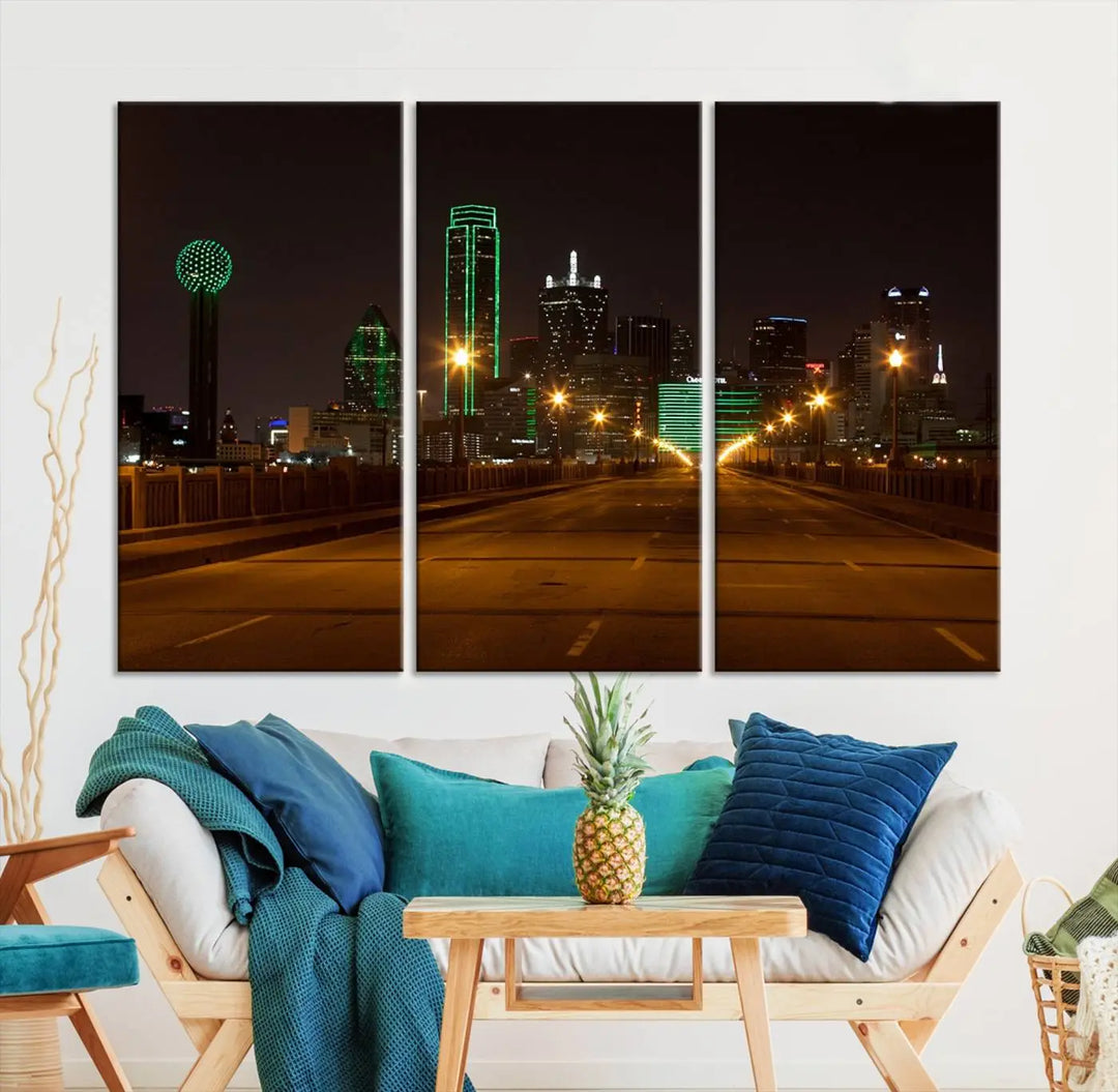 The "Dallas City Lights Night Skyline Cityscape View Wall Art Canvas Print" features a stunning city skyline glowing against museum-quality canvas.