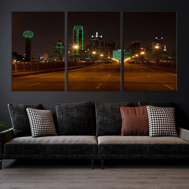 The "Dallas City Lights Night Skyline Cityscape View Wall Art Canvas Print" features a stunning city skyline glowing against museum-quality canvas.