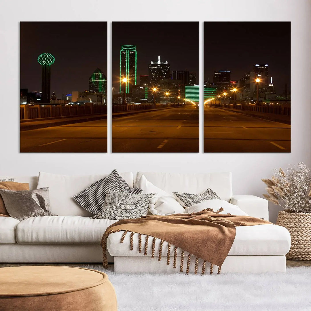 The "Dallas City Lights Night Skyline Cityscape View Wall Art Canvas Print" features a stunning city skyline glowing against museum-quality canvas.