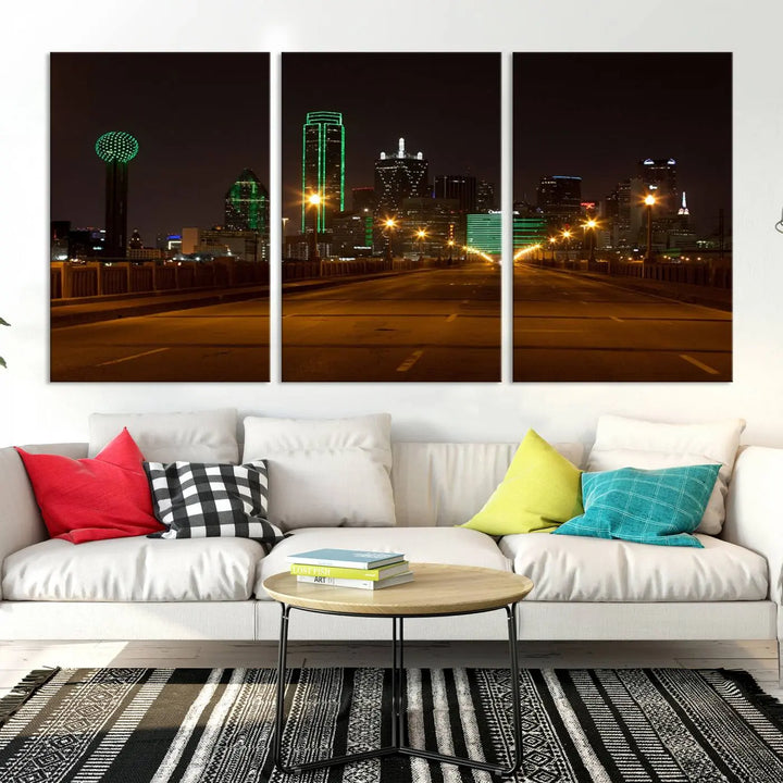 The "Dallas City Lights Night Skyline Cityscape View Wall Art Canvas Print" features a stunning city skyline glowing against museum-quality canvas.