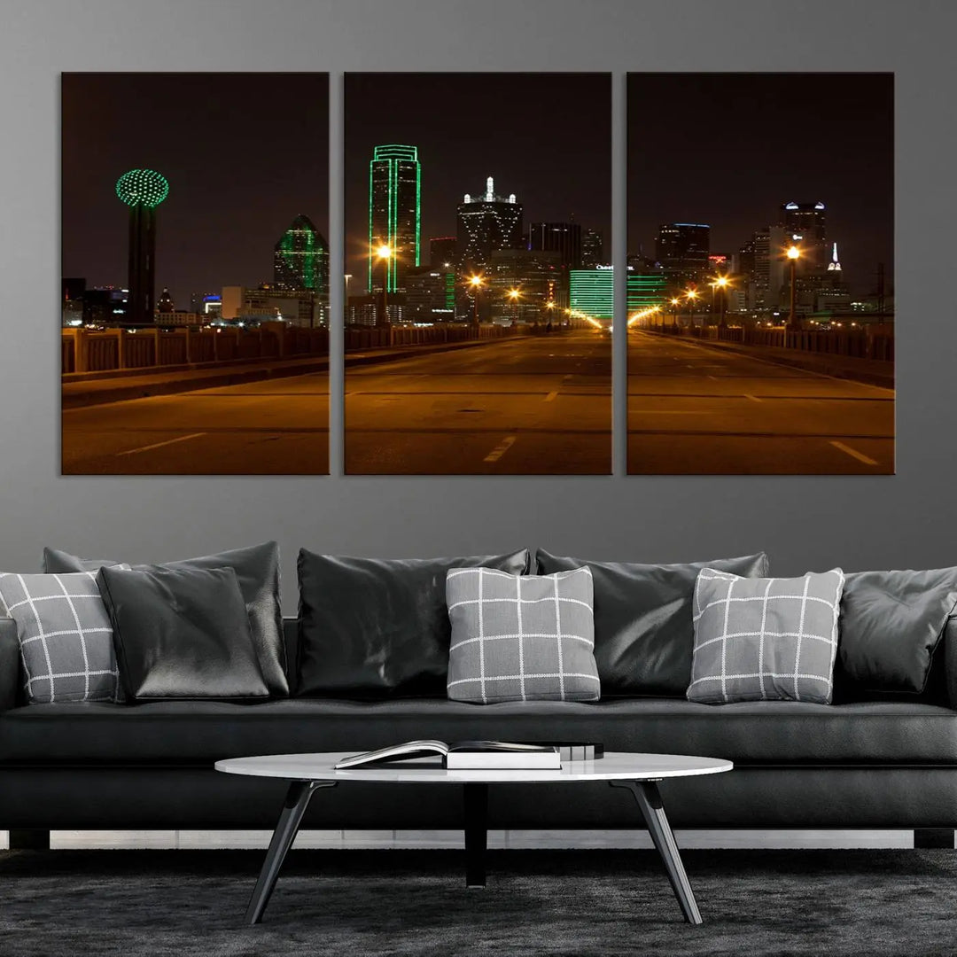 The "Dallas City Lights Night Skyline Cityscape View Wall Art Canvas Print" features a stunning city skyline glowing against museum-quality canvas.