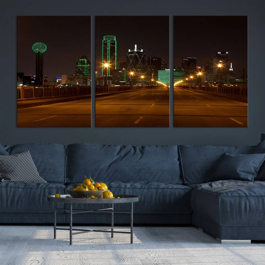 The "Dallas City Lights Night Skyline Cityscape View Wall Art Canvas Print" features a stunning city skyline glowing against museum-quality canvas.