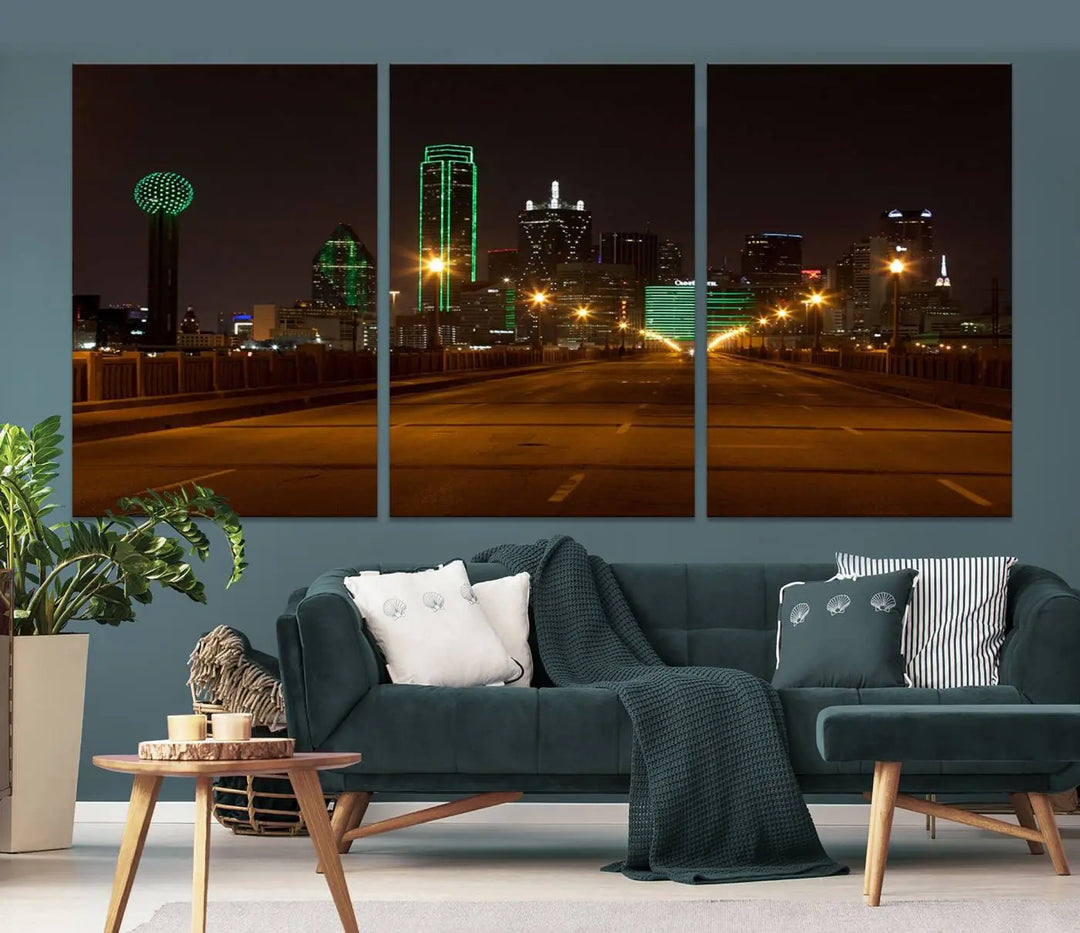 The "Dallas City Lights Night Skyline Cityscape View Wall Art Canvas Print" features a stunning city skyline glowing against museum-quality canvas.