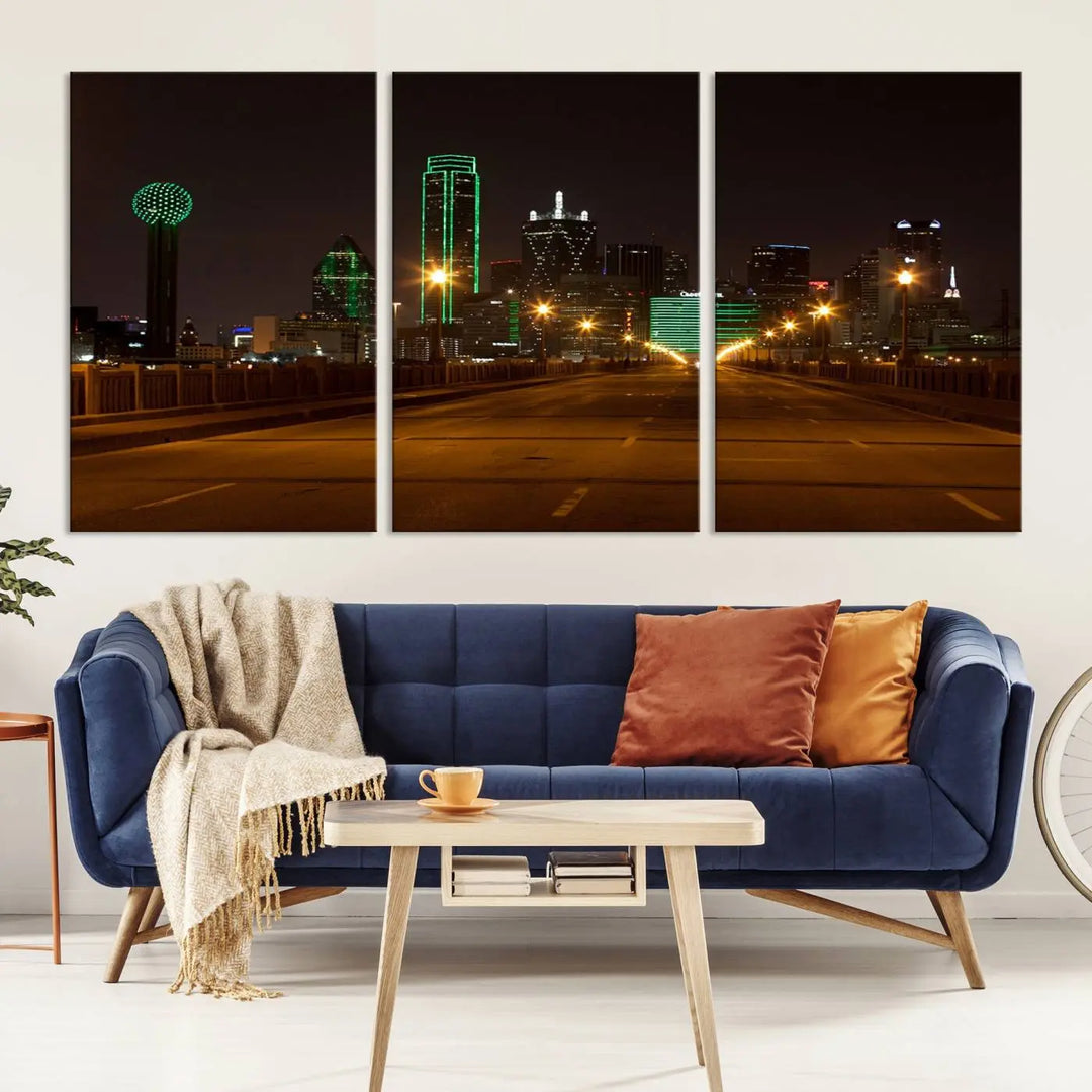 The "Dallas City Lights Night Skyline Cityscape View Wall Art Canvas Print" features a stunning city skyline glowing against museum-quality canvas.