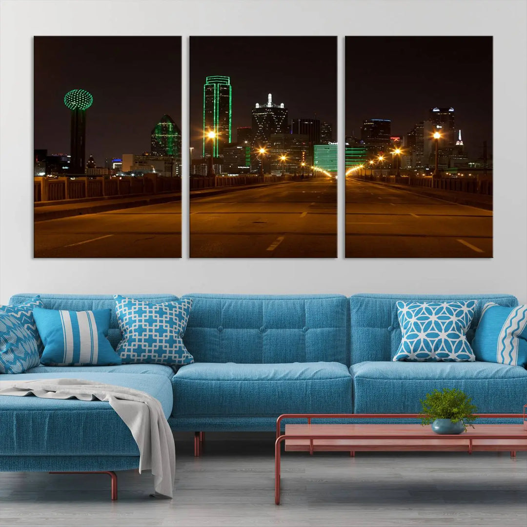 The "Dallas City Lights Night Skyline Cityscape View Wall Art Canvas Print" features a stunning city skyline glowing against museum-quality canvas.