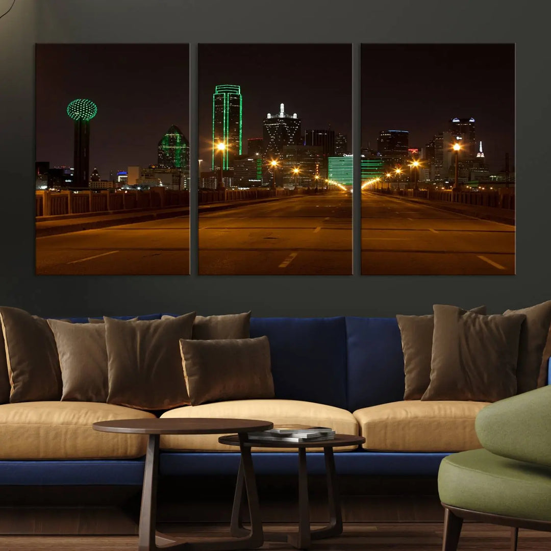 The "Dallas City Lights Night Skyline Cityscape View Wall Art Canvas Print" features a stunning city skyline glowing against museum-quality canvas.