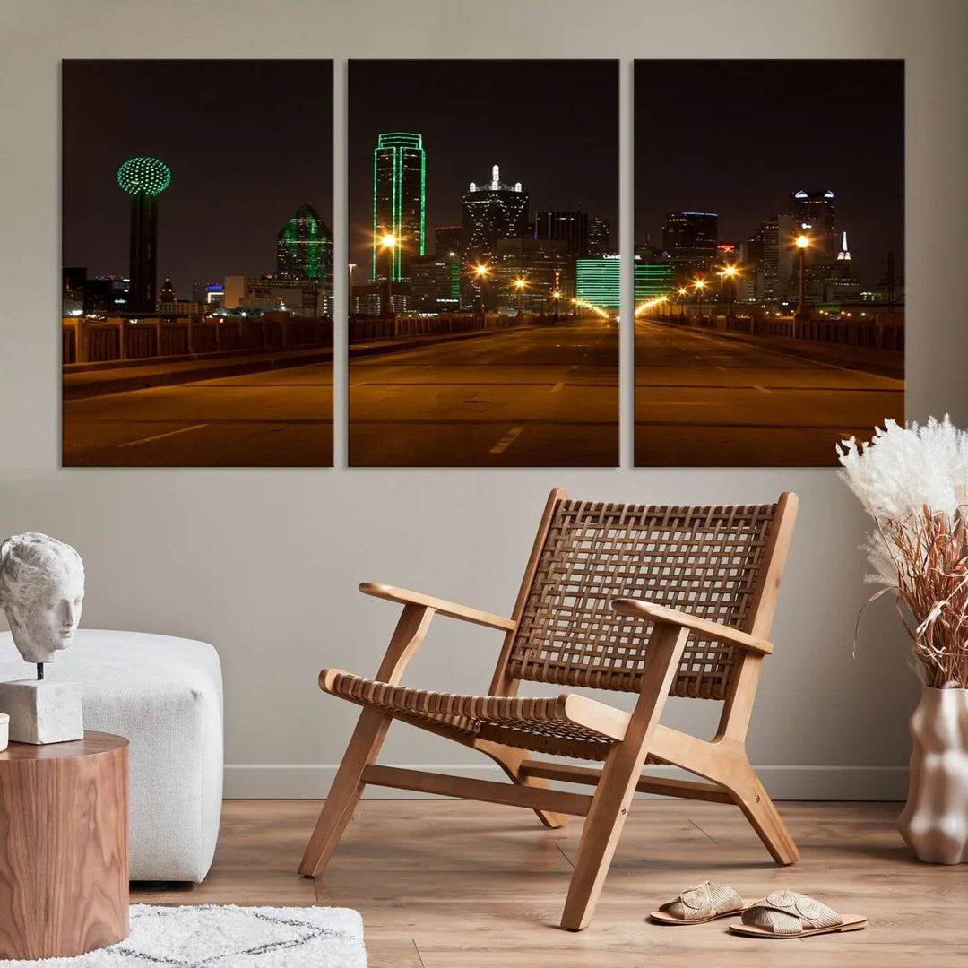 The "Dallas City Lights Night Skyline Cityscape View Wall Art Canvas Print" features a stunning city skyline glowing against museum-quality canvas.