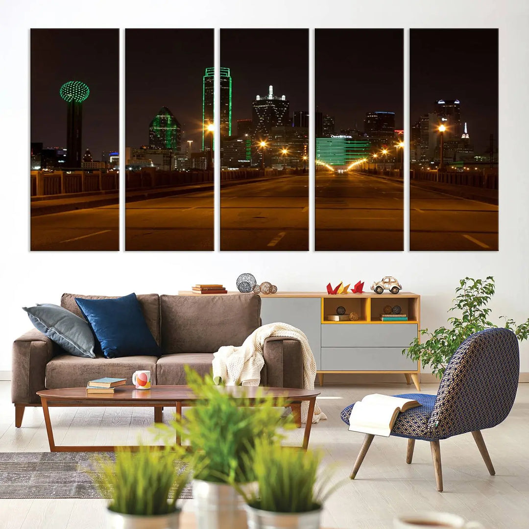 The "Dallas City Lights Night Skyline Cityscape View Wall Art Canvas Print" features a stunning city skyline glowing against museum-quality canvas.