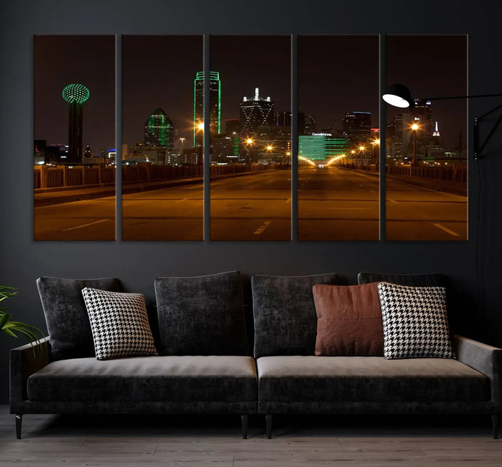 The "Dallas City Lights Night Skyline Cityscape View Wall Art Canvas Print" features a stunning city skyline glowing against museum-quality canvas.