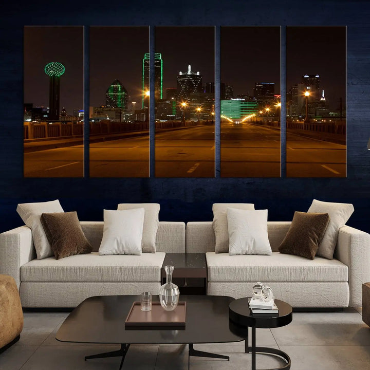 The "Dallas City Lights Night Skyline Cityscape View Wall Art Canvas Print" features a stunning city skyline glowing against museum-quality canvas.