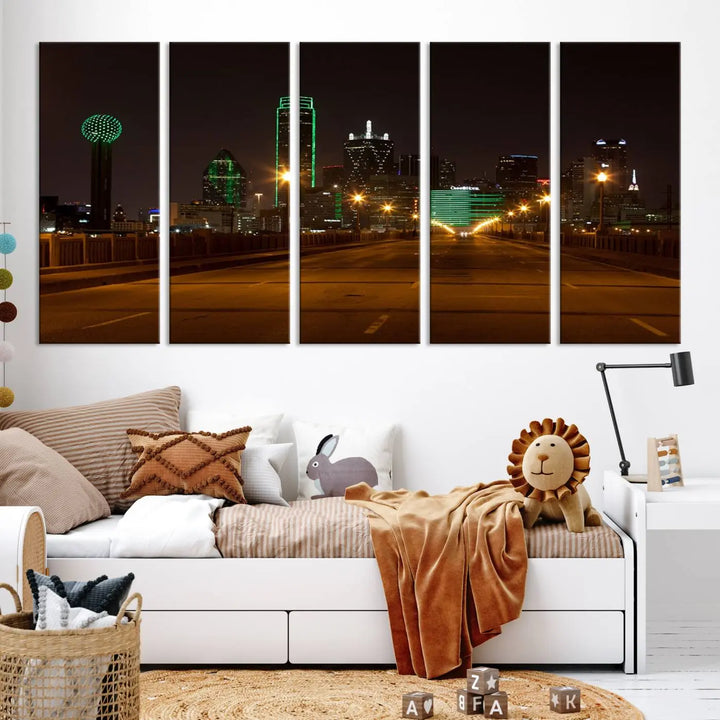 The "Dallas City Lights Night Skyline Cityscape View Wall Art Canvas Print" features a stunning city skyline glowing against museum-quality canvas.