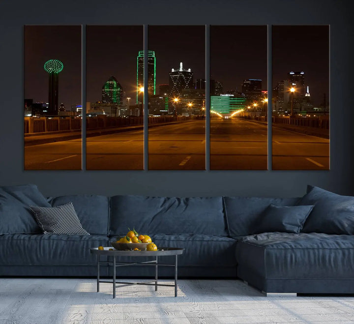 The "Dallas City Lights Night Skyline Cityscape View Wall Art Canvas Print" features a stunning city skyline glowing against museum-quality canvas.