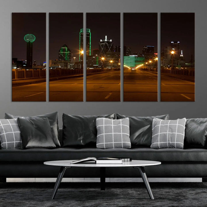 The "Dallas City Lights Night Skyline Cityscape View Wall Art Canvas Print" features a stunning city skyline glowing against museum-quality canvas.