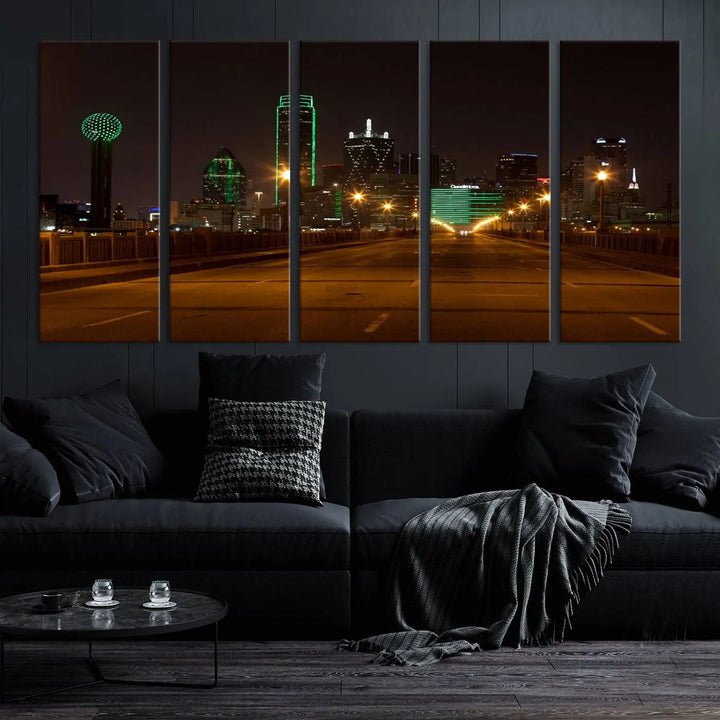 The "Dallas City Lights Night Skyline Cityscape View Wall Art Canvas Print" features a stunning city skyline glowing against museum-quality canvas.